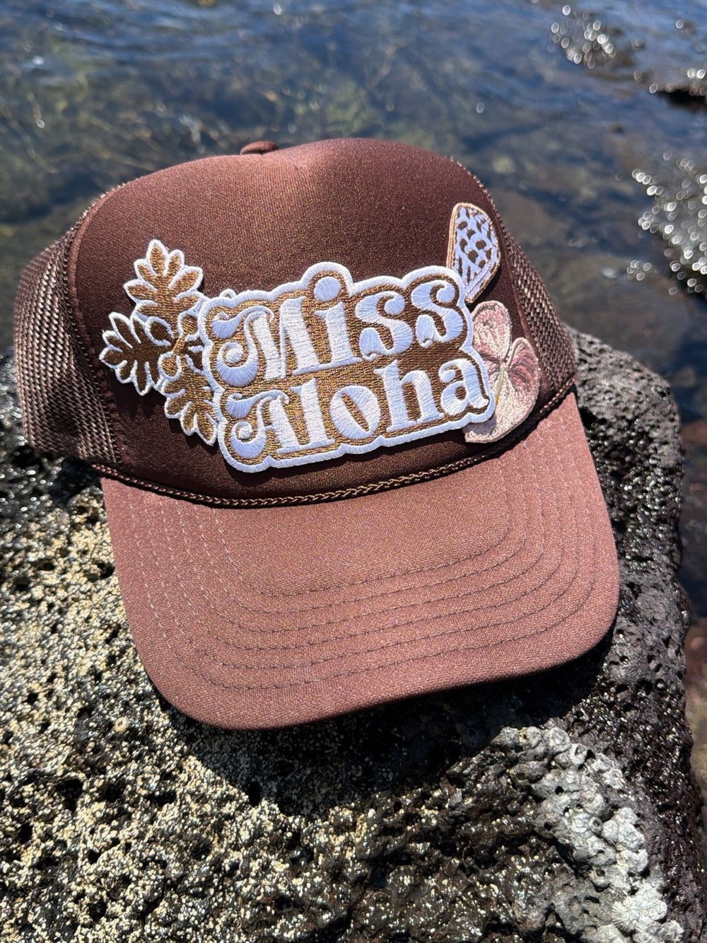 Miss Aloha Embroidered Trucker Hat - Brown